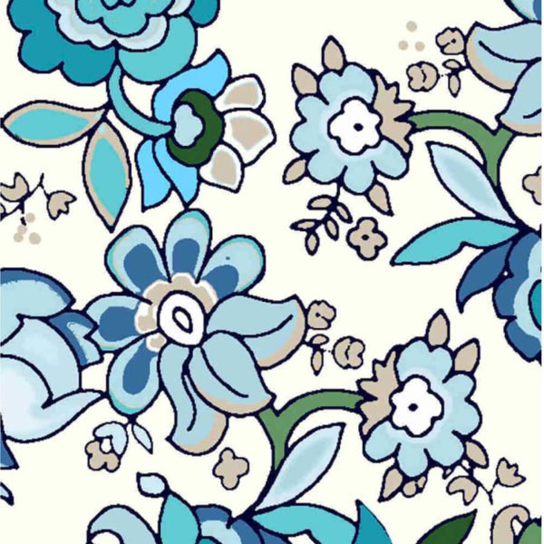 Tecido tricoline fio 40 estampado estampado com flores em tons de azul e verde