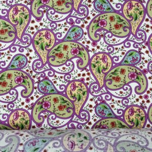 Tecido tricoline fio 40 estampado com flores e abstratos em verde e roxo