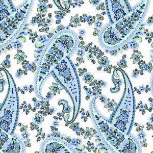 Tecido tricoline fio 40 claro estampado com ilustrações e floral em tons azuis