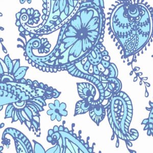 Tecido tricoline fio 40 branco com ilustrações em tons de azul